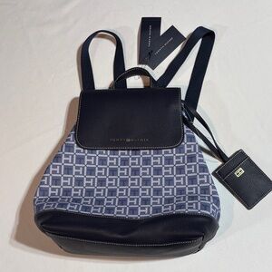 NWT Tommy Hilfiger Andrea II Flap Backpack Faux Leather Blue & White